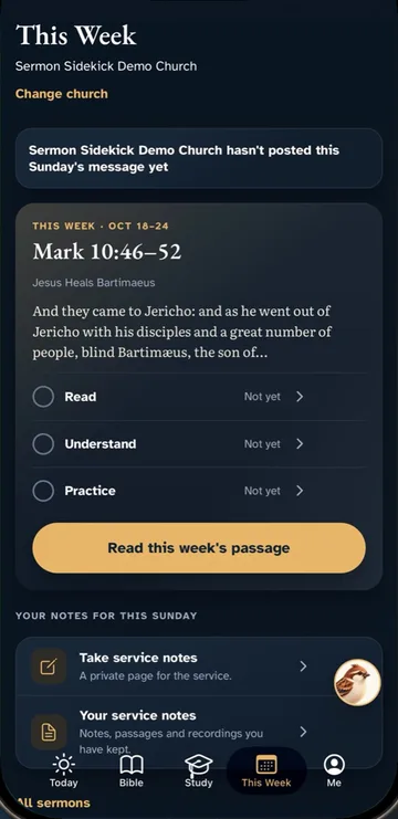 The This Week screen with the week&rsquo;s sermon passage, Mark 10:46&ndash;52, and a place for service notes